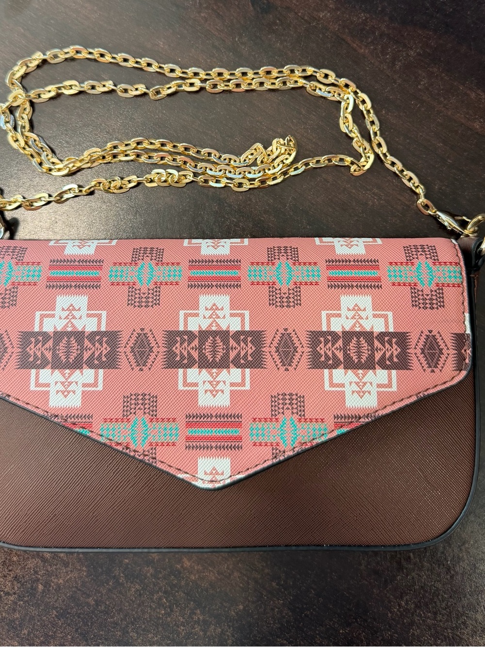 Native Pink & Brown Aztec Envelope Shoulder Bag with Gold Chain